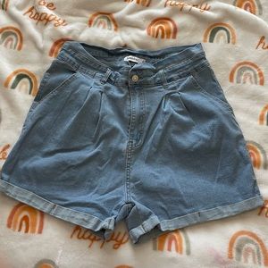 pleated high waisted denim shorts